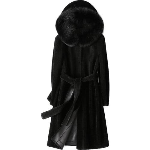 Fox Fur Collar Wool Fur Coat Long 3xl Lady Sheath Winter Women Jacket Fashion Black Thick Warm Outwear with Belt Sheepskin Coat