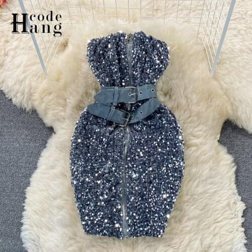 HangCode Ins Fashion Bling Bling Sexy Night Club Mini Dress 2021 Summer Off Shoulder Zipper Sash Bandage Bodycon Women Dress