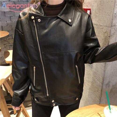 Aelegantmis Casual Loose Faux Leather Jacket Women Soft Pu Leather Moto Biker Basic Coats Black Oversized Outerwear Female Chic