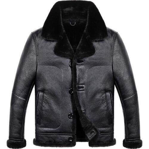 Mens Sheepskin Shearling Coat B3 B6 Mens Sheepskin Bomber Jacket Short Aviator Fur Coat Black Color