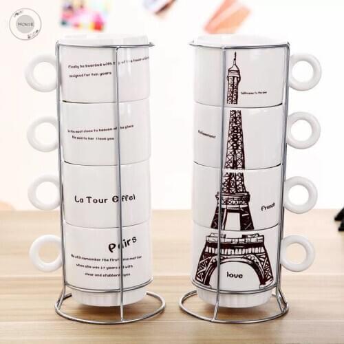 Eiffel Tower Cat animal Coffee Cup Set ceramics Mugs with Iron shelf creative Drinkware Coffee Tea CupsSimple Home Office Coffee