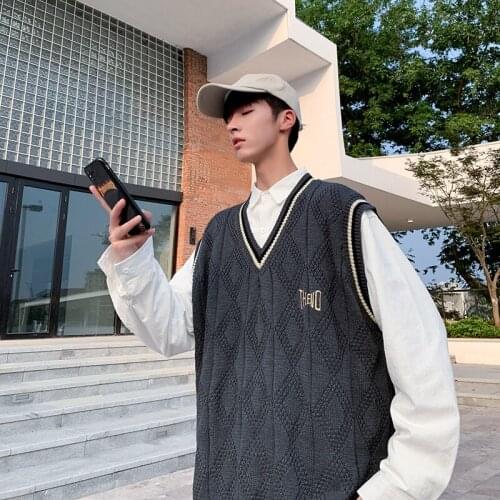 2021 mens new Hong Kong style loose knit sweater sweater vest vest