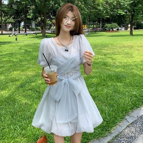 Dresses for Women Korean Version of Retro Thin Temperament Puff Sleeve Fluffy Lace-up Dress Female Summer New Waist Short Skirt