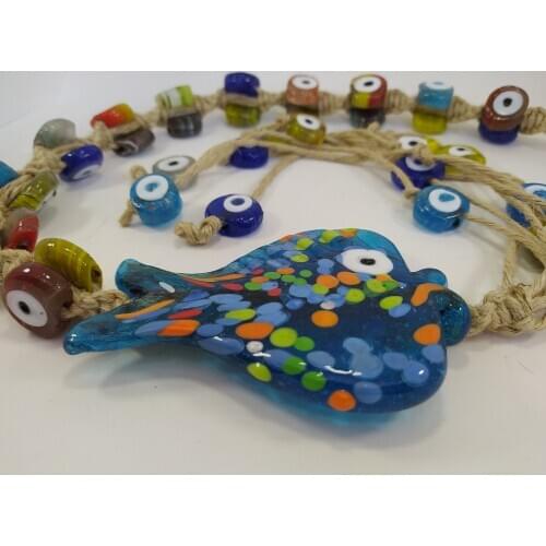 Fish Evil Eye Glass Bead Pendant Charm Turkish Handmade Big Amulet for Wall Hanging Talisman Boho Home / Room Decor