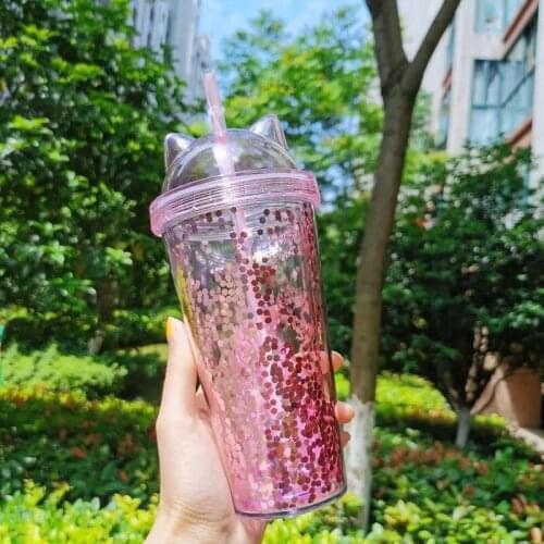 500ml Drinking cup cute creative cat ear shape glitter star plastic straw water bottle creative personality student girl gift