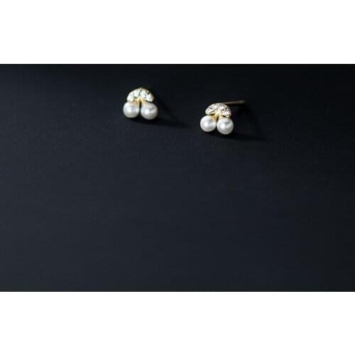 5mm*6mm Cute Summer Jewelry Sparking Real. 925 Sterling Silver Shell Pearl & CZ Set cherry Fruit Ear Stud Earrings C-G9778