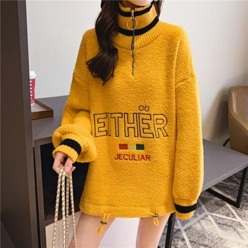 Spring and Autumn New Harajuku Style Loose Stand Collar Thick Sweater Female Cute Girl Ins Korean Lamb Down Sweater Turtleneck