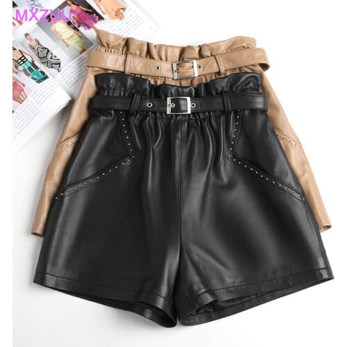 Streetwear Women Real Leather Sheepskin Calções De Moda Egirl High Waist Show Thin A-line Wide Leg Black Shorts Elegant Joker