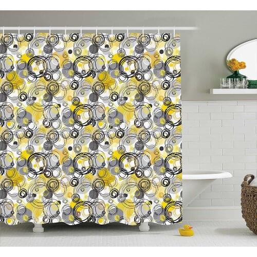 Grey and Yellow Shower Curtain Hand Drawn Sketchy Geometrical Retro Modern Circles Image Bath Curtain With Hooks For Bathroom