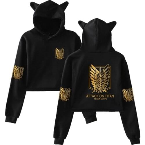 Cool Women Hoody Fleece Cotton Pullover Harajuku Attack On Titan Hoodie Sweatshirt Women Crop Top Cat ear Hooded Fashion Hoodies
