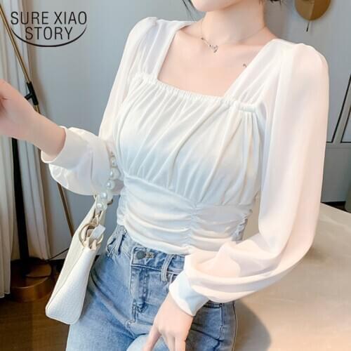 Sexy White Blouse Shirt Women Office Lantern Sleeve Ladies Tops Tunic Blouses Women Square Collar Casual Shirts Pleated 13265