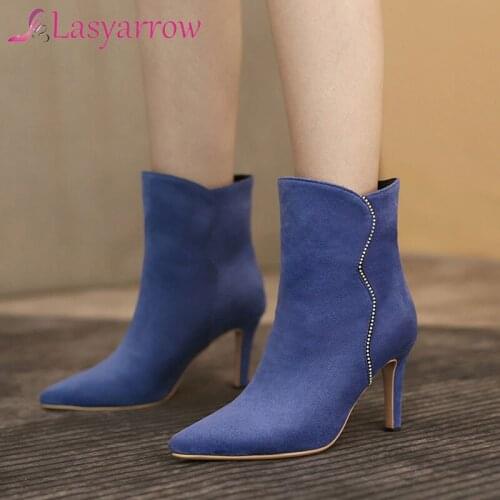 Lasyarrow 2022 Autumn Winter Ankle Boots Women Shoes Sexy High Heels Boots Pointed Toe Solid Colors Dress Party Shoes Lady