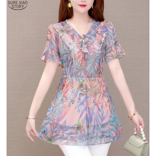 2021 Short Sleeve Ladies Tops Clothing Blusas Summer New Large Size Chiffon Women Blouse Office Casual Long Shirts Women 9981