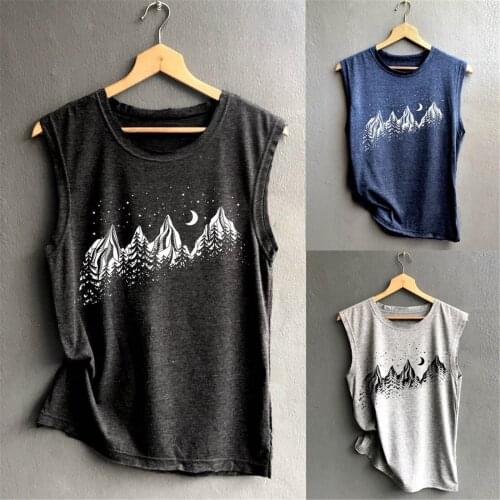 Women Sleeveless Top Simple Vest Mountain Night Sky Moon Printing Blouse Camisole Solid Color Daily Casual All-match Gilrs Vest