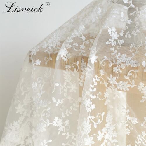 1yard White organza embroidery cloth bud silk yarn wedding dress lace fabric background cloth curtain tablecloth handmade diy
