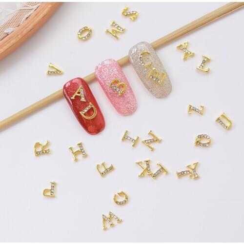 100pcs Gold Zircon Alloy 3D A-Z 26 English letters With Glitter crystal Rhinestone For Nails DIY Manicure Accessories H26