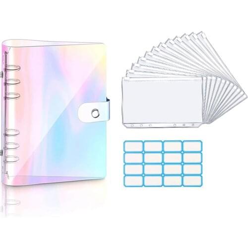 12Pcs A6 Clear 6-Ring Soft PVC Notebook Binder Cover Planner Loose-Leaf Folder Cash Budget Envelope System with Zipper Pockets