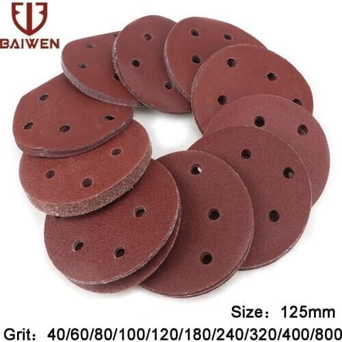 50pcs 125mm Round Shape Abrasive Sandpaper Sanding 6 Hole Disc Hook & Loop Sand Paper Grits 40~800 for Polish Tools Accessories