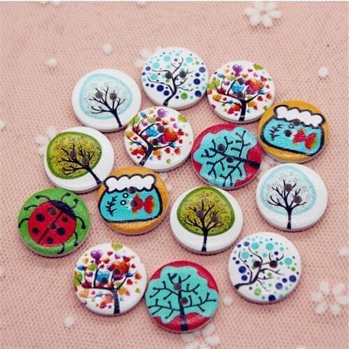 20MM 50pcs Mix Patterns Popular Tree Full Flower Wood Round Button Sewing Accessories Decorative Buttons DIY Scrapbooking Craft