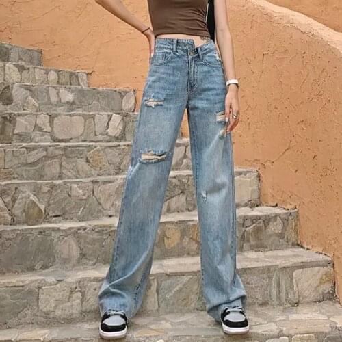 Irregular Ripped Jeans WomenS Fashion Retro Loose Jeans Woman Casual Slimming Straight Wide-Leg Pants Ladies Ladies 2021