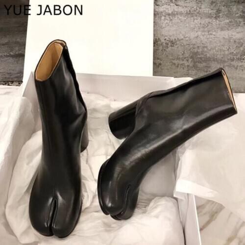 Plus Size 35-42 Tabi Split Toe Real Leather Ankle Boots Round High Heels Ninja Dress Boots Autumn Winter women boots botas mujer