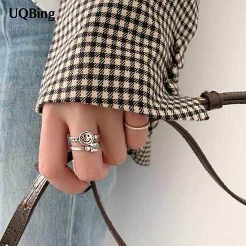 Tank Chain Smile Face Double Layer Finger Rings For Women 925 Silver Gifts Jewelry