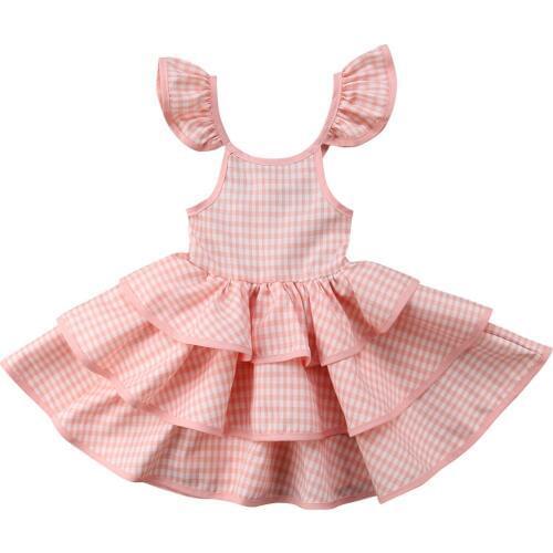 Citgeett Toddler Kids Baby Girls Ruffled Tutu Flying Sleeves Pink Sundress Backless Party Pageant Sweet Plaid Summer Dress