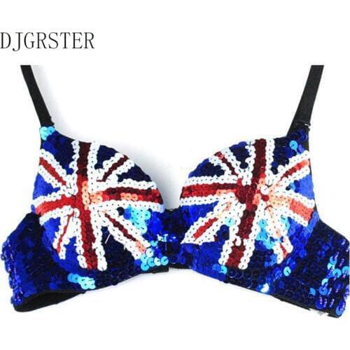 DJGRSTER Punk Party Club Wear Women Blue Chrysanthemum Floral Beaded Sequins Sexy Bra Bralet Bralette Underwear For Performance