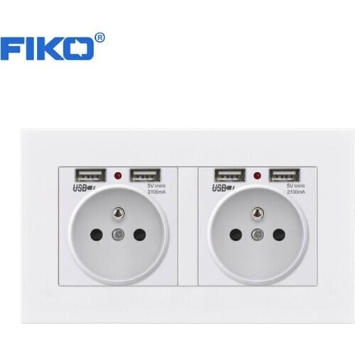 FIKO 16A PC panel socket French EU standard 2Gang socket with dual usb , family hotel 146*86mm wall multi-frame socket with usb