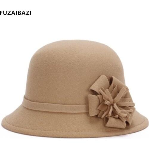 FUZAIBAZI New Autumn Winter Hat Womens Fedoras Fashion Flower Decoration Sombreros Elegant Vintage Lady Brands Panama Hats