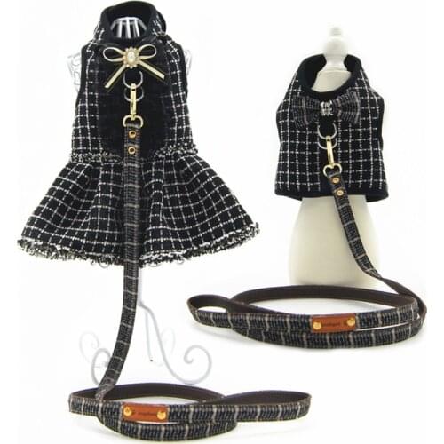 Pet Dog Cat Dress Harness Leash Set Classical Plaid Print Luxury Rhinestone Design Small Medium Dog Clothes Boy Girl Dog Skirt