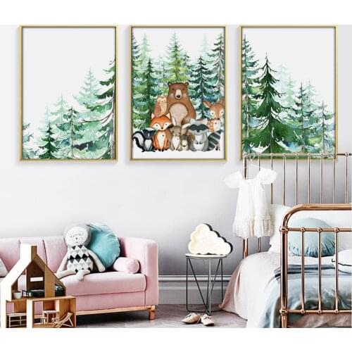 Woodland Animal Poster Hand Painted Forest Canvas Prints Kids Room Cartoon Pictures Nursery Bedroom Decorative Painting Wall Art