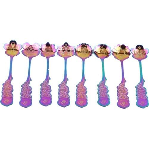 Flowers Design Gold Spoon Short Handle Dessert Tea Coffee Mixing Spoon Stainless Steel Vintage Teaspoons Drink Tableware