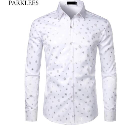 Fashion Christmas Shirt Men Casual Slim Fit White Button Down Mens Dress Shirts Snowflake Print Camisa Social Masculina Chemise