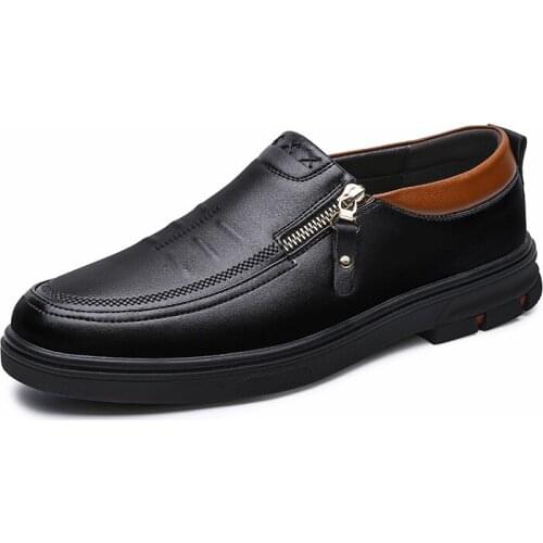 Men Casual Shoes Flat Fashion Autumn Spring Zip Leather Driving Loafers Low Top Male Non-Slip Outdoor Work Business Comfortable