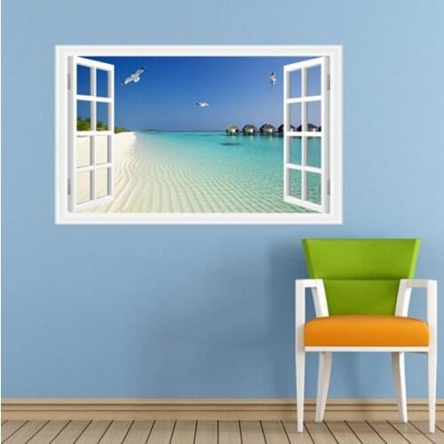 Wall murals beach Three-dimensional 3D beach coconut tree bedroom living room study dormitory background decoration removable