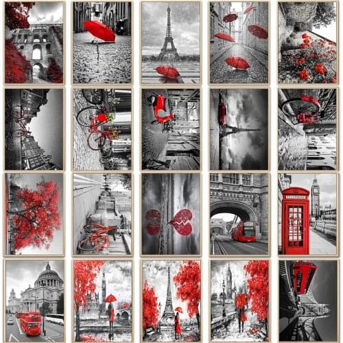 Black White Europe Red Poster Print Umbrella Tree Wall Art City Landscape Decoration Picture Living Room Canvas Painting Decor
