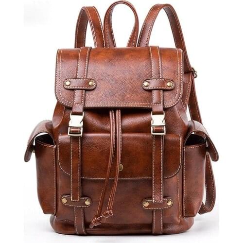 Vintage Leather Backpack Women Fashion Large Drawstring Rucksack School Travel Bag For Teenage Girls mochilas Black Brown