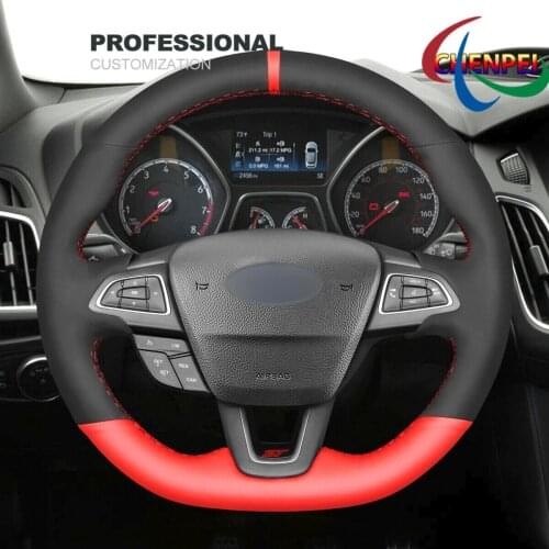 DIY Hand-Sewn Black Suede Red PU Leather Car Steering Wheel Cover For ford Focus (ST | RS) Car Interior Accessories