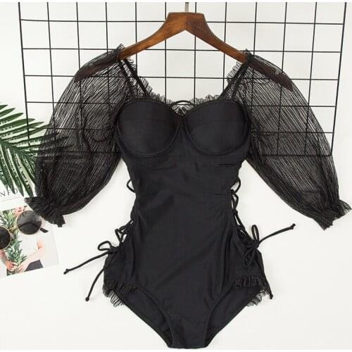 Mesh One Piece Swimsuit Monokini Bandage Ties Padded Swimwear Ladies Hollow Out Swim Suit for Small Breast Push Up Bathingsuit