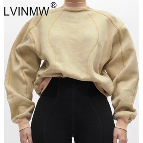 LVINMW Mock Neck Long Sleeve Lines Casual Hoodies Patchwork Loose Stylish Streetwear Women Tops Thicken Remake Winter Clothes