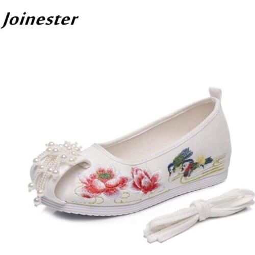Vintage Cotton Fabric Ankle Strap Pumps for Women Spring Summer Embroider Loafers Ladies Ancient Dress Shoes Female Dancing Shoe