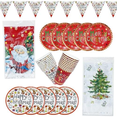 Merry Christmas Party Decoration Disposable Tableware Napkin Paper Cup Plate Straws New Year Decoration Christmas Party Supplies