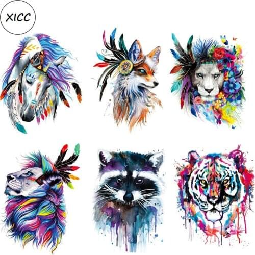 XICC Colorful Animal Ink and Wash Painting Heat Transfer Printing Iron On Patches For Cloth Dress T-shirt DIY Badge Sticker