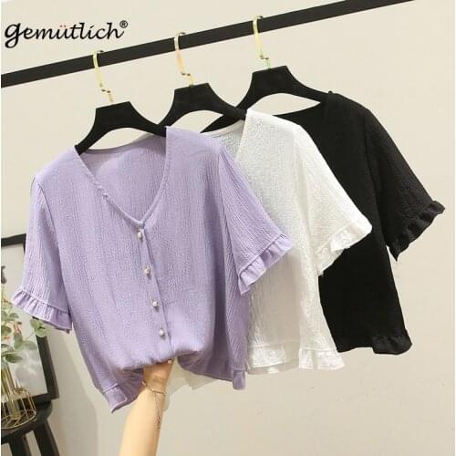 GEMUTLICH Women XL-4XL Wrinkle Cotton Shirt Summer Short Sleeved V-Neck Collar Blouse Ruffles Big Size Casual T-shirt