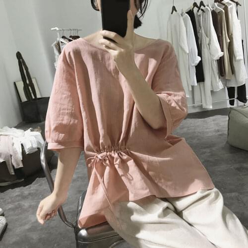 2021 Summer Casual Half Sleeve Solid Loose Shirts Women Cotton and Linen Blouses and Tops Vintage Streetwear Femme Blusa Y936