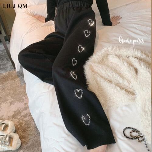 Love Beaded Knitting Pants Women Harajuku Style Spring Autumn 2021 New High Waist Plus Size 5xl Loose Wild Casual Wide-leg Pants