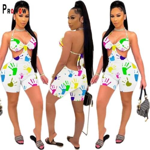 Prowow Women Playsuits Fashion Graffiti Print Jumpsuits for Woman 2021 New Summer Lace Up Romper Female Beachwear Clothing