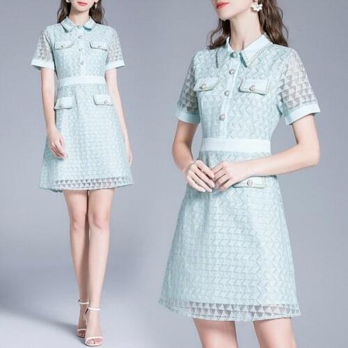 2021 summer Elegant Bright Silk Pearls Buttons Mini Dress Women Turn Down Collar Short Sleeve High Waist Slim dress