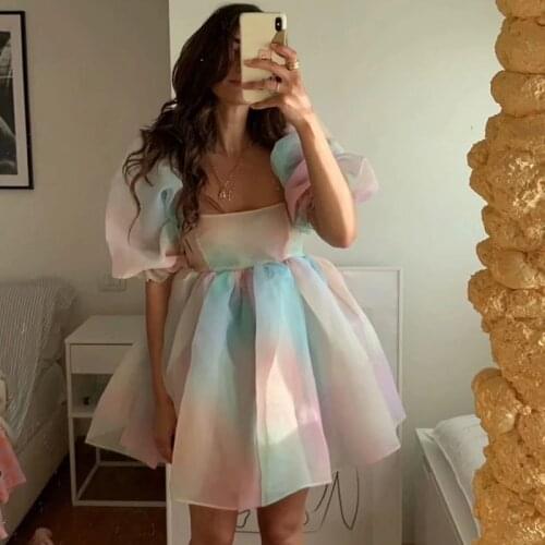 Foridol Tie-dyed Rainbow Organza Dress A-line Puff Sleeve Cute Summer Dress for Women 2021 Skater Short Dress Party Holiday